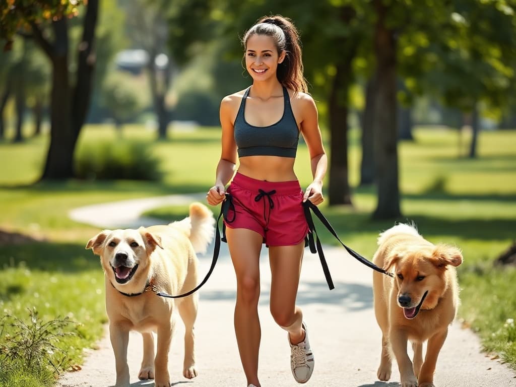 A fit woman walking two golden retrievers along a sunlit park path during a fitness routine.
